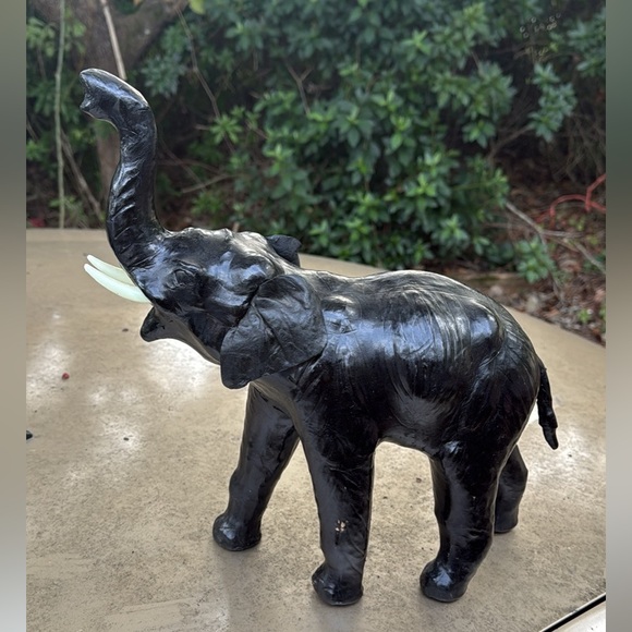 Vintage Genuine Leather Wrapped Elephant Figurine Sculpture Black Elephant